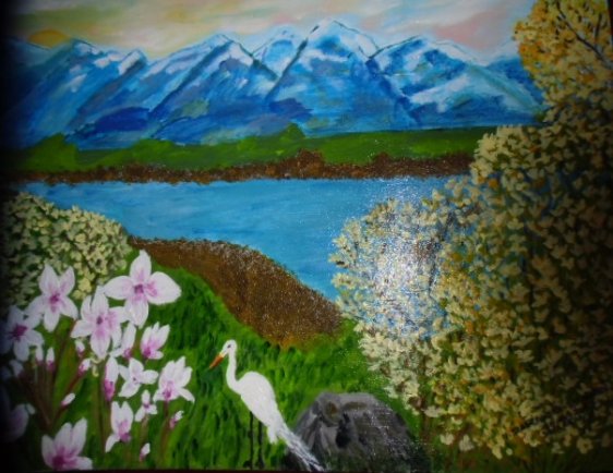 pejzaż górski z czaplą